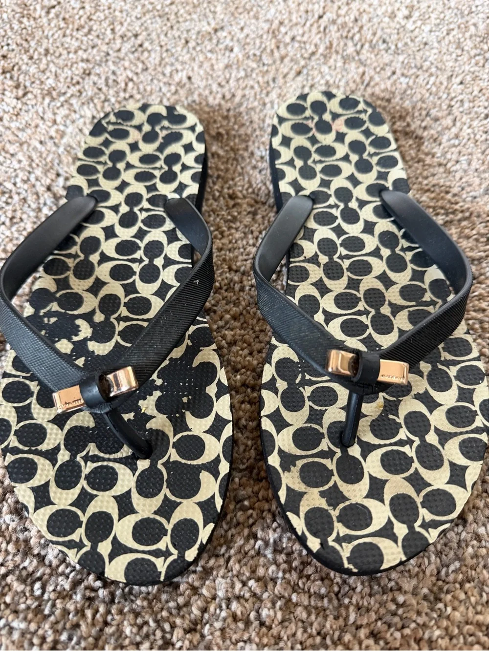 COACH Womens Signature Monogram Flip Flops Black White Gold Hardware